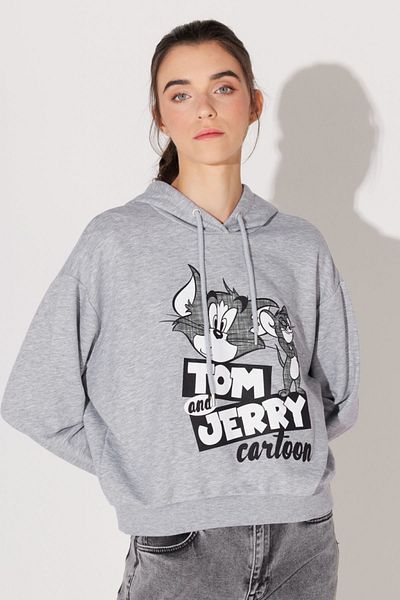 Lee Regular Fit Regular Cut Hooded Gray Melange Tom and Jerry Printed Sweatshirt