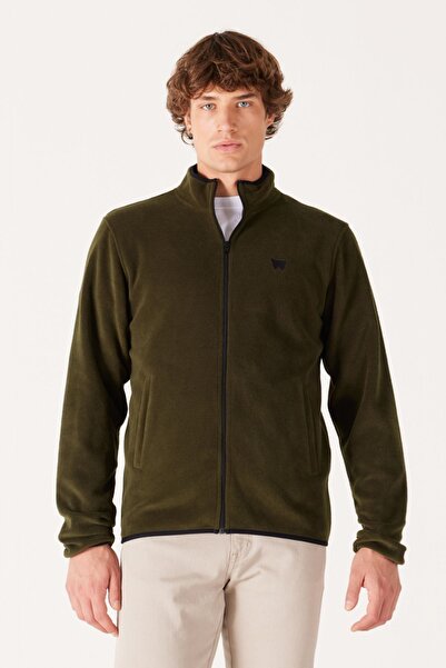 WRANGLER Regular Fit Men's Khaki Zippered Fleece Sweatshirt Jacket