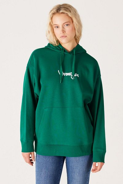 WRANGLER Oversize Loose Cut Hooded Back Printed Green Sweatshirt