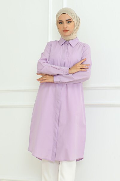 Eliva Lilac Long Sleeve Collar - Buttoned Women's Hijab Tunik