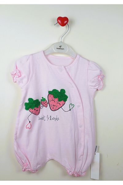 LİLOŞ Pink Strawberry Patterned Baby Girl Jumpsuit - 100% Cotton, Snap-on Neck
