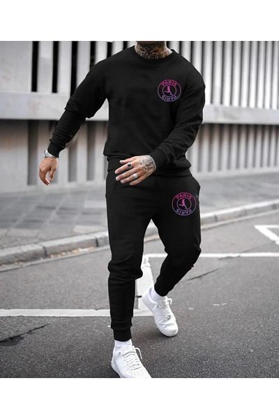 CAST COLLECTİON Ανδρικό Oversize Paris Printed Μαύρο Φούτερ - Crew Neck
