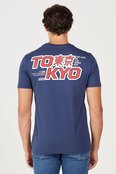 WRANGLER Navy Blue Regular Fit Crew Neck Back Printed 100% Cotton T-Shirt