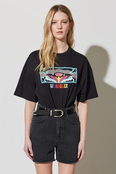 WRANGLER Schwarzes kurzes T-Shirt – 100 % Baumwolle, Rundhalsausschnitt, normale Passform
