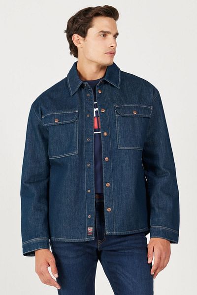 WRANGLER Dunkelblaues, locker sitzendes, bequemes Jeans-Jeanshemd aus 100 % Baumwolle mit langen Ärmeln
