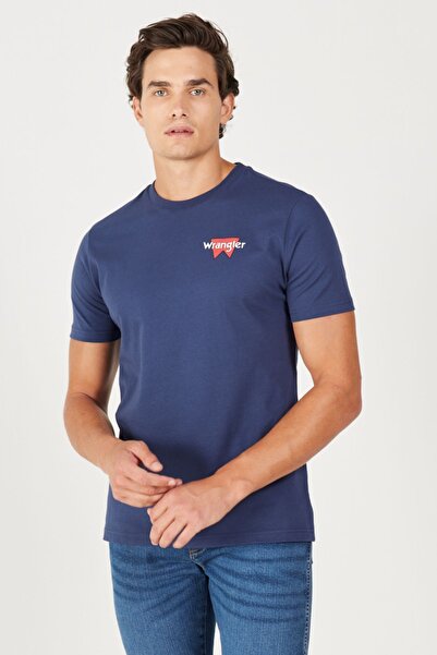 WRANGLER Navy Blue Regular Fit Crew Neck Back Printed 100% Cotton T-Shirt