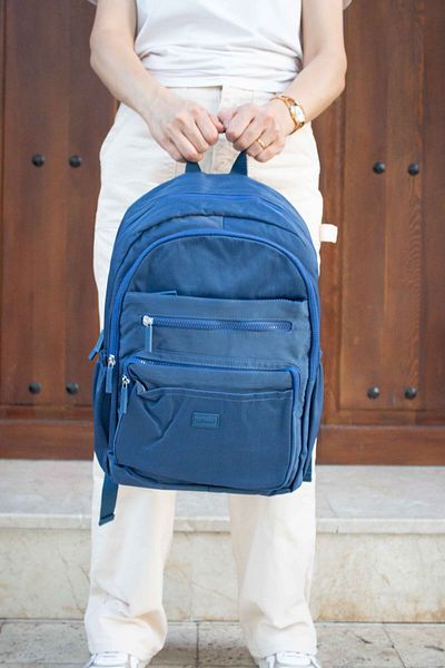 KAFF Young 17304 Blue Crinkle Fabric Water Resistant Multi-Pocket Backpack