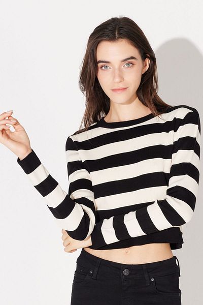 Lee Slim Fit Slim Fit Crew Neck Black and White Striped Crop Knitwear Sweater