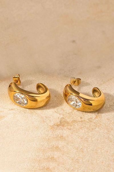 Glaren White Jewelled Gold Color Hoop Women's Earrings
