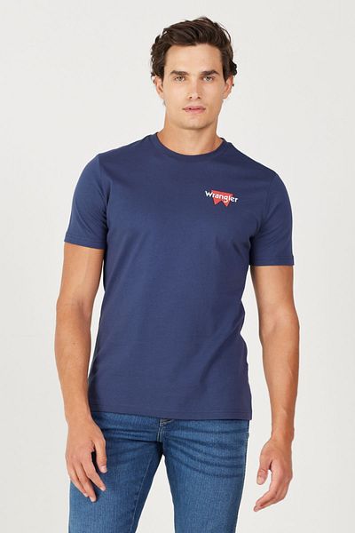 WRANGLER Navy Blue Regular Fit Crew Neck Back Printed 100% Cotton T-Shirt