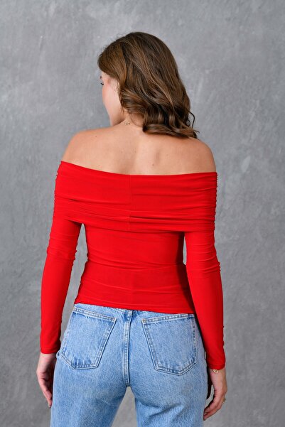 bayansepeti Sandy Fabric Red Long Sleeve Madonna Collar Basic Blouse - 12252