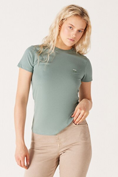 WRANGLER Slim Fit Slim Fit Crew Neck 100% Cotton Women's Green Logo T-Shirt