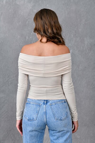 bayansepeti Μπεζ γιακά Madonna μακρυμάνικη βασική μπλούζα - Sandy Fabric 12252