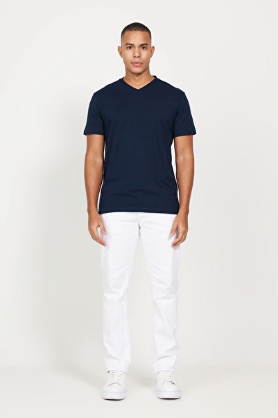 AC&Co / Altınyıldız Classics Men's V-Neck Navy Blue-Navy Slim Fit Basic T-Shirt 100% Cotton