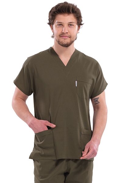 Scrubs Flex Tricou pentru bărbați pentru chirurgie și asistentă verde kaki - Set de țesături groase din Lycra