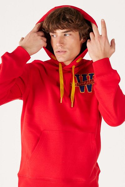 WRANGLER Regular Fit Regular Cut Red Men's Fleece Hooded Sweatshirt