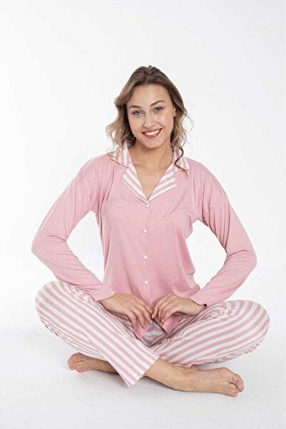 bie's Σετ πιτζάμες με ροζ-λευκή ρίγα, χαμηλό μανίκι, υπερμεγέθη πουκάμισο γιακά