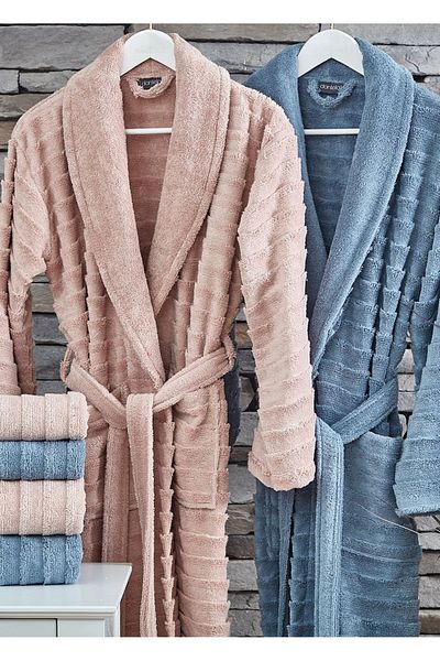 Dantela Larin 6 Piece Cotton Family Bathrobe Set - Powder/Blue