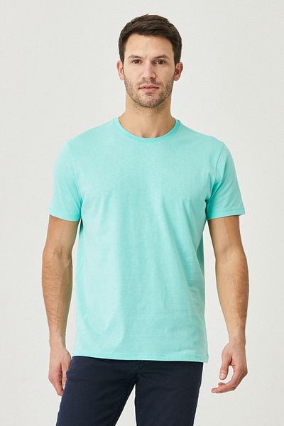 AC&Co / Altınyıldız Classics Pánské tyrkysové tričko SlimFit Crew Neck 100% BavlnaBasic