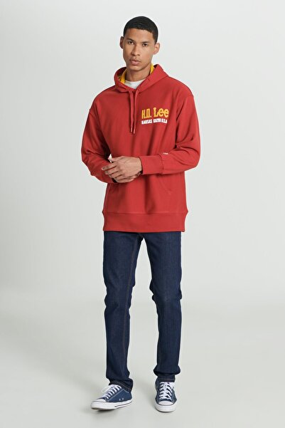 Lee Loose Fit Rahat Kesim Kırmızı Erkek Içi Polarlı Kapüşonlu Sweatshirt