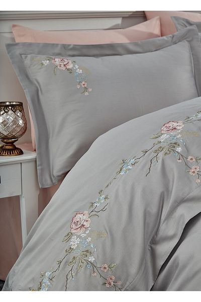 Dantela Set cuvertură de pilota din satin de bumbac dublu gri