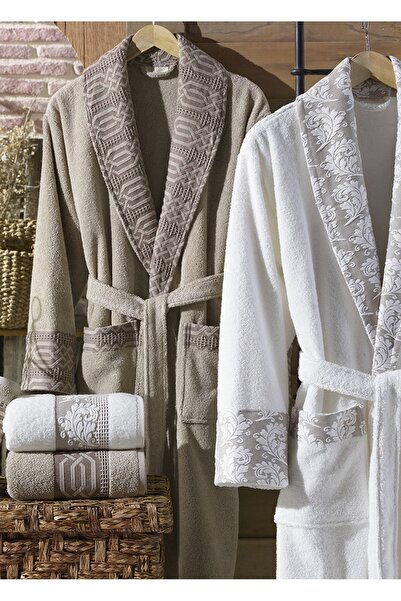 Dantela Diana 6 Piece Jacquard Cotton Bathrobe Set - Cream/Brown
