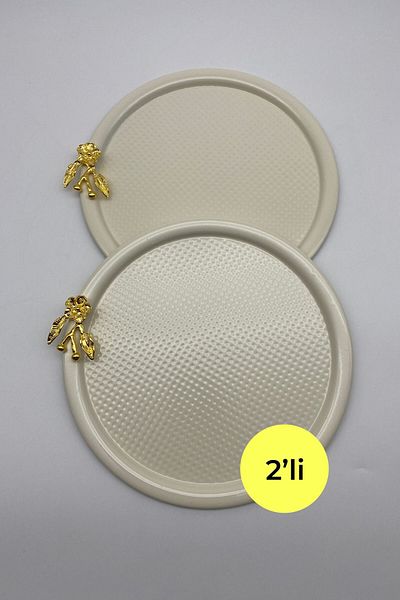 Fiyakalı Ürünler Atölyesi 2-piece Japanese Rose Cream Round Tea and Coffee Presentation Tray - Decorative Serving 22cm