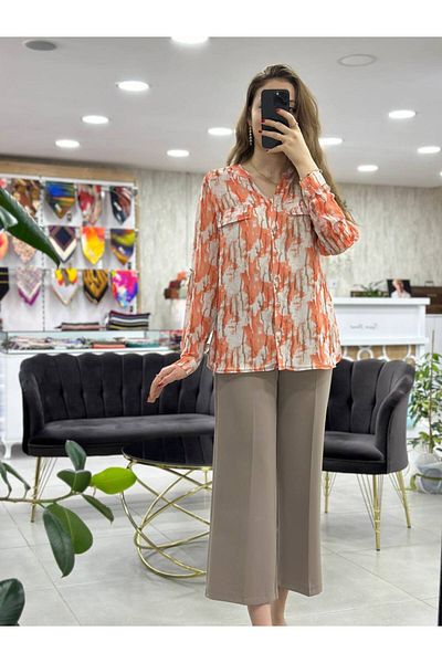 Ekol - Bluză cămașă cu model din șifon