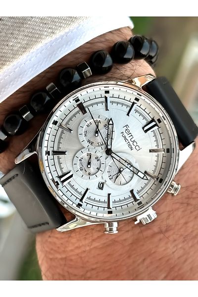 Ferrucci Brown Men's Watch Bracelet with Leather Cord Calendar