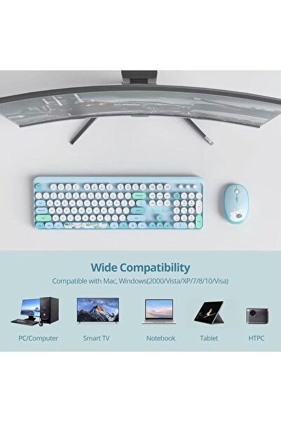 RabbitTech Renkli Daktilo Tarzı Hello Bear Vintage Mekanik Klavye Mouse PC Laptop Uyumlu Kablosuz