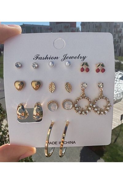İLKYAZ Accessory 9 Pairs Gold Minimal Earrings Set