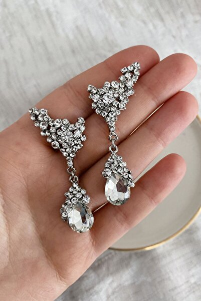 Dora Accessories Damla Şeklinde Beyaz Taşlı Tasarım Rodyum Renk Abiye Küpe