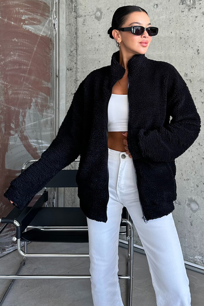 MODAGEN Plush Teddy Fleece - Women's, Neck Zippered Cardigan