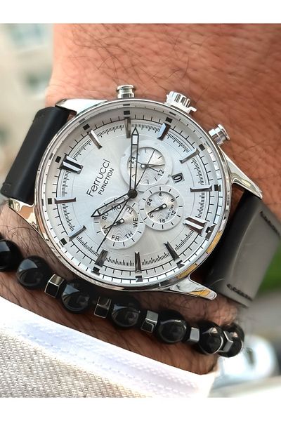 Ferrucci Brown Men's Watch Bracelet with Leather Cord Calendar