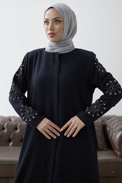 InStyle Navy Blue Pearl and Stone Detailed Ferace