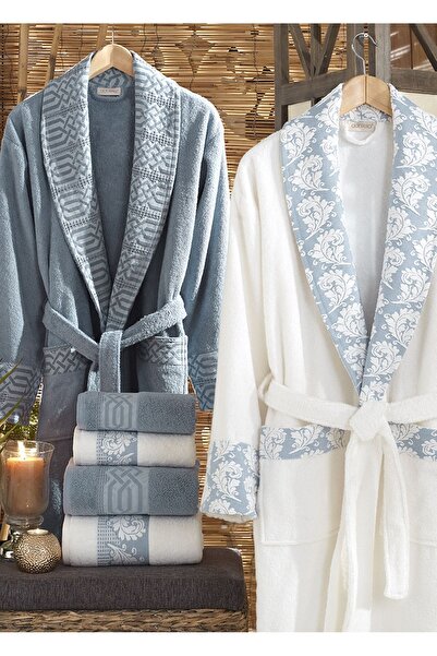 Dantela Diana 6 Piece Jacquard Cotton Bathrobe Set - Cream/Blue