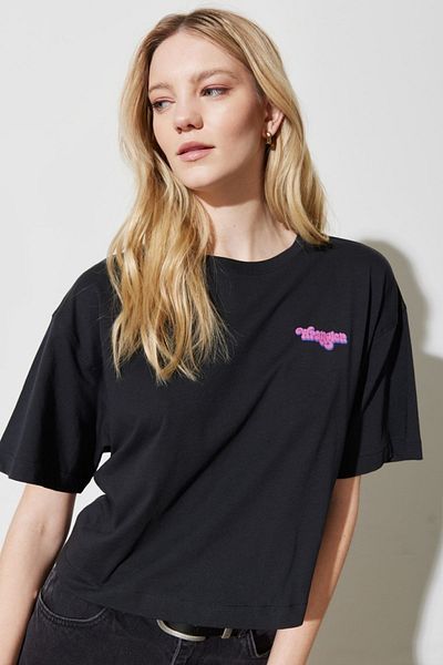 WRANGLER Loose Fit Relaxed Fit 100 % Baumwolle Crew Neck Crop Schwarz T-Shirt