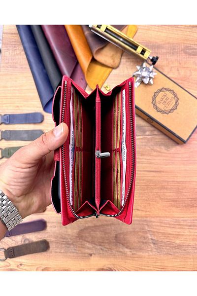 ByAkgöz Genuine Leather - Hand-hold Wallet with External Phone and Snap Fasteners