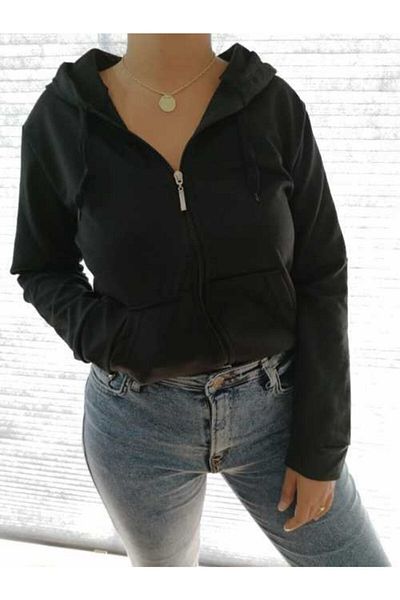 ButikKaragöl Women's Black Zipper Hooded Sweatshirt