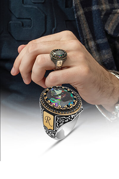 ALYANSEVİM Oval Mistik Topaz Taşlı Harfli 925 Gümüş Erkek Yüzük