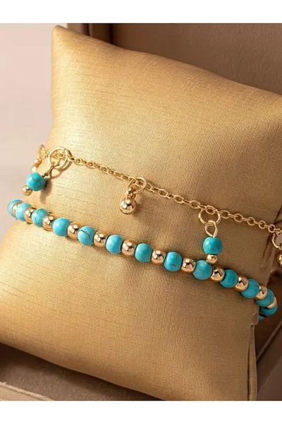 By Song Aksesuar Double Anklet with Turquoise Natural Stone