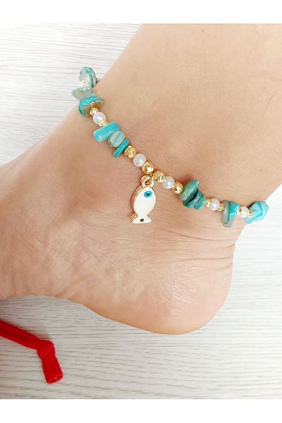 By Song Aksesuar Pearlescent Stone Fish Figured Natural Stone Anklet
