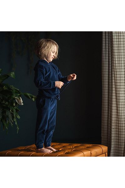 Antebies Navy Blue Velvet Hooded Tracksuit Set