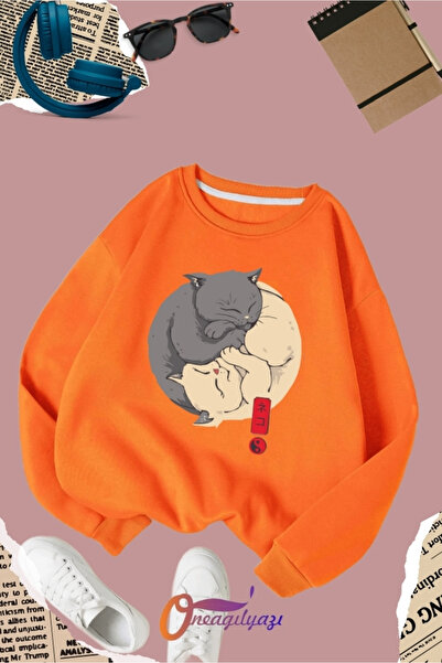 oneagılyazı سويت شيرت مطبوع عليه قطة يين يانغ