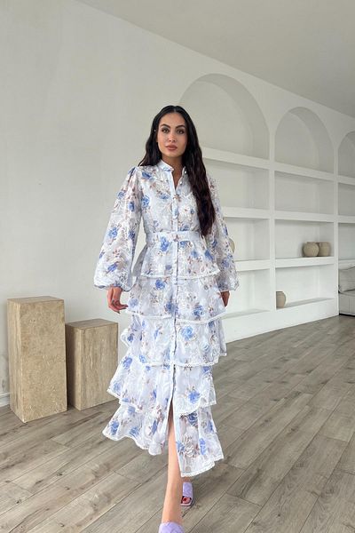 Seda Yalçın Atelier Blue Valon Stripe Detailed Layered Dress