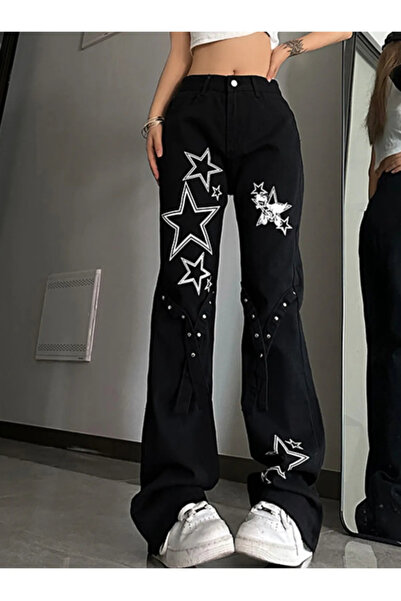 BROOD's Y2k Stars Detailed - Black High Waist Wide Leg Trousers