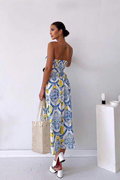 3MMM TEKSTİL Straplez Kemer Detaylı Limon Desenli Elbise - Mavi