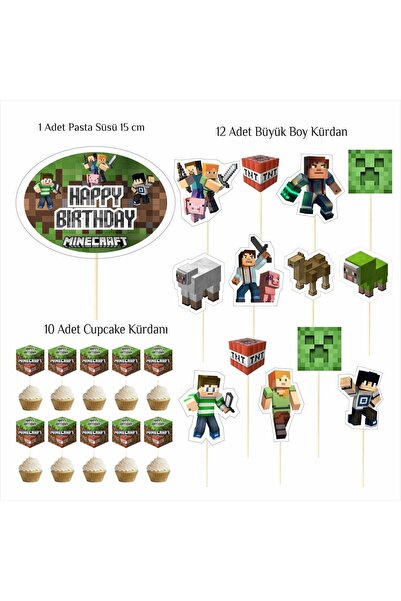 SİYAH PARTİ EVİ Minecraft Doğum Günü Pasta Süsü Kürdan Seti