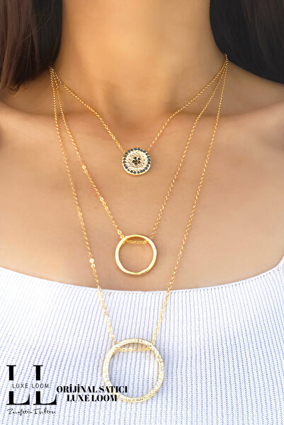 Luxe Loom Zarafetin Işıltısı Kadın Gold Renk Üçlü Nazar Boncuklu Halkalı Çokl...