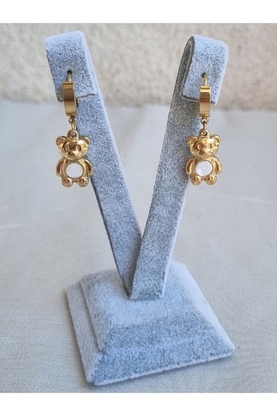 Brassito Gold Colored Steel Earrings - Dangle and Cute Teddy Bear, Enamel 316l Non-tarnish